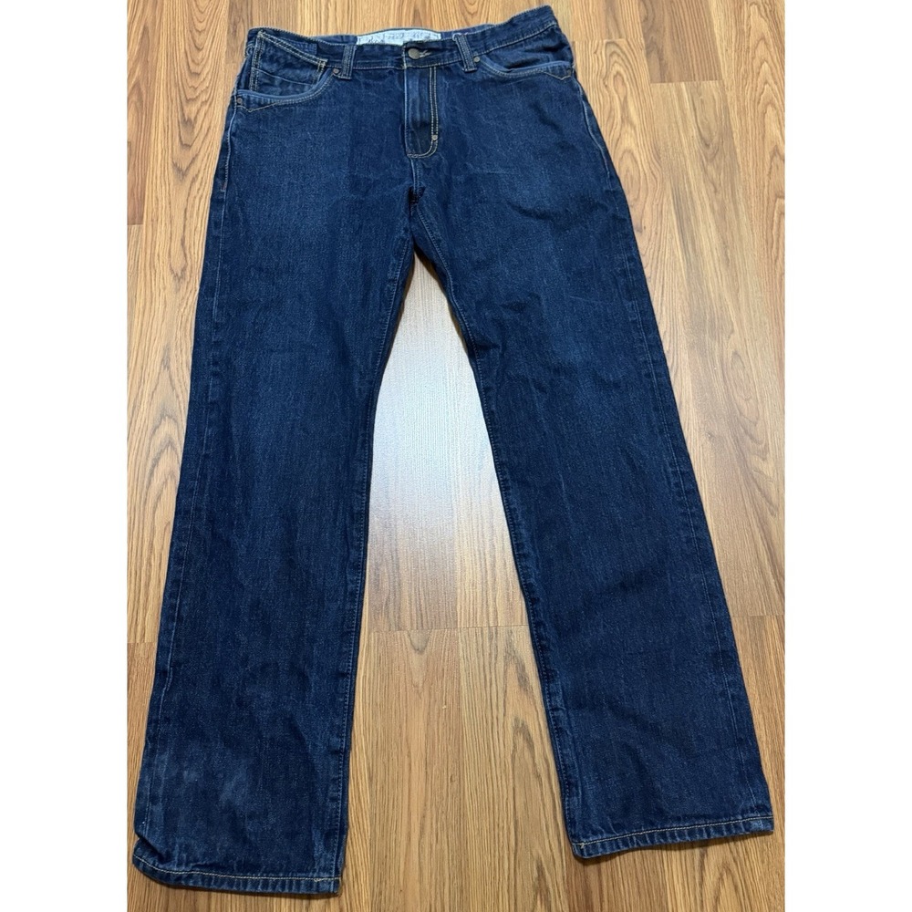 AKOO Jeans Mens 36 Straight Leg Dark Wash Distressed Embroidered Flap Pocket